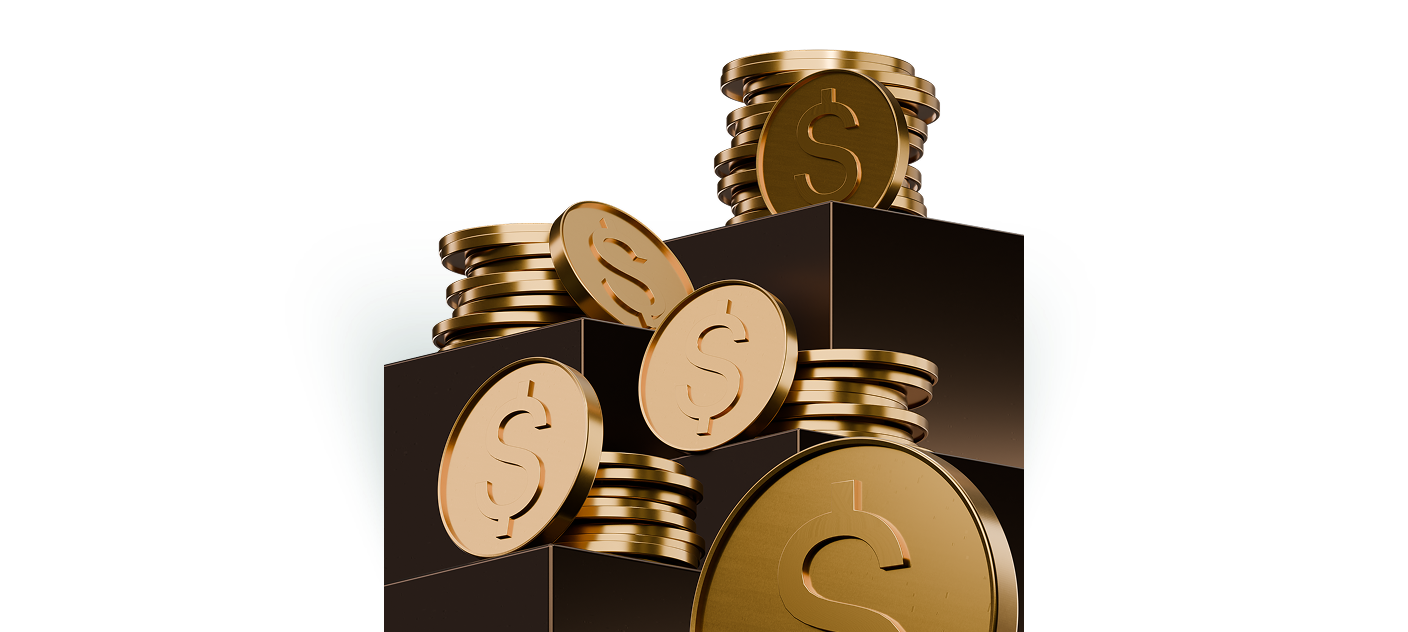 Stack of gold dollar coins rising from a beige dish
