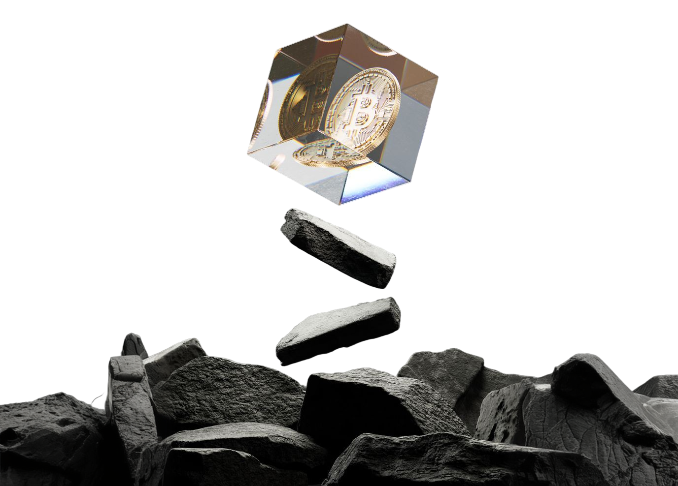 A crystal cube reflecting bitcoin coins, resting on dark rocks